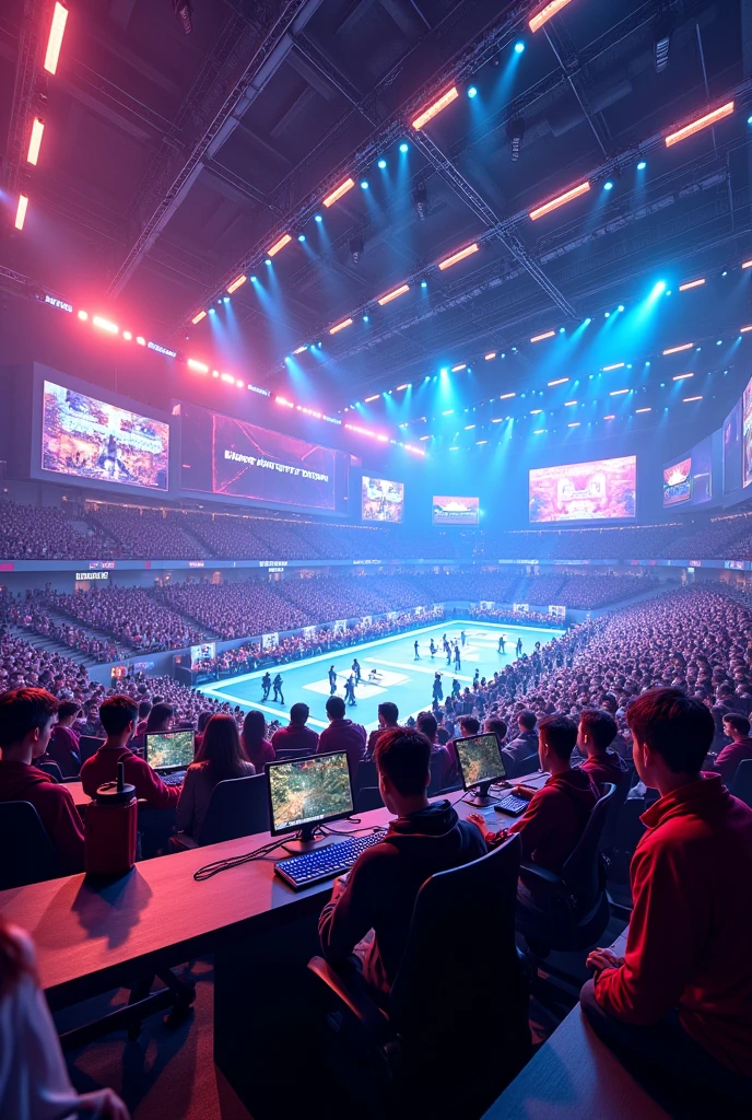 Create a large indoor e-sports area with neon and eye-catching decor, focused on young people