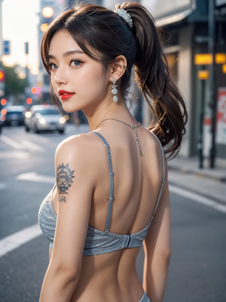 Urban beautiful girl college student, Masterpiece, Light makeup, red lips, silver hair, long messy hair, road background, beautiful, elegant. Very detailed details, Original work, Authentic texture, Realism of cinematic lighting, Perfect job, 16ก, HD, Exquisite features,blue eyes、Japanese idol、หน้าbeautiful、cute smile、brown hair、beautiful hair、ponytail、charming、 Bust fits.、erect nipples、Oily muscles、Shiny skin、Tanned skin、Black glowing skin、sexy women bra,T-back, big bright eyes, Smooth skin, earring, necklace, tattoo