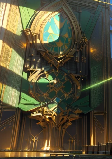 A beautiful palace ; cyberpunk aggressive design; external; 3 rendering; ultra realistic; uhd; masterpiece ; the light wheel of time in top of it; High like a skycraper; time themed; green Golden and White; beautiful; boor style; photo realistic; 8 k; futuriatic