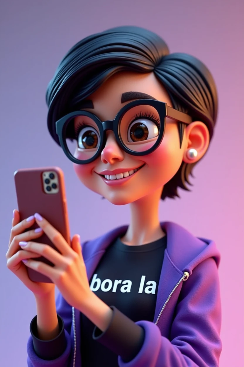 3D animated woman with short black Pixar-style hair wearing glasses, a purple and black shirt with a Portuguese phrase saying 'bora la' written on it, smiling and showing her phone screen.