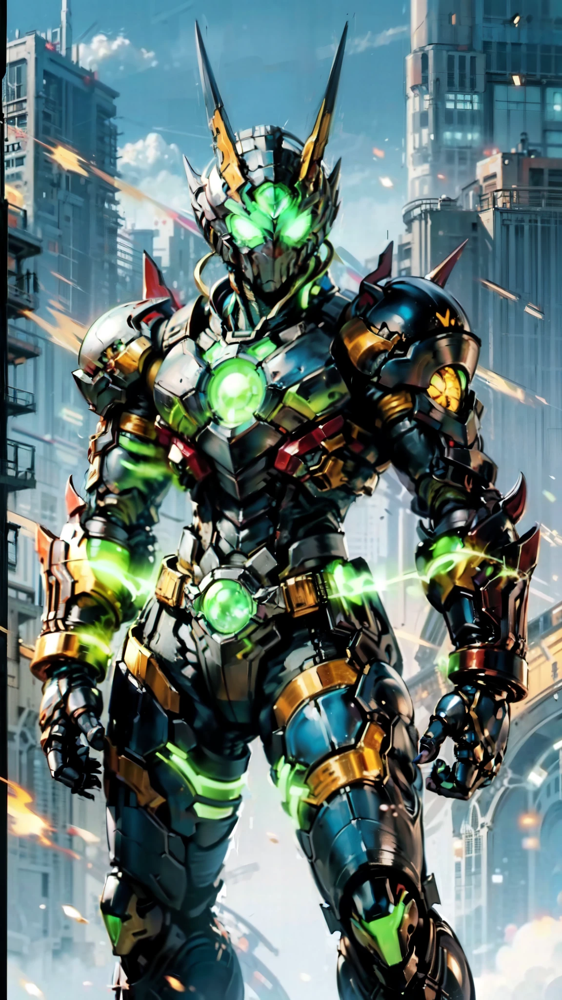 (masterpiece:1.5, best quality:1.5, extremely delicate:1.5, superhero pose:1.5), a man wearing a full-face helmet, a fantasy-style biotech armored combat suit, green eyes, (a composite layered chest armor), fully enclosed shoulder guards, matching arm and leg guards, belt of Neon circuit, (the color scheme is primarily black with green and red accents), the design balances heavy with agility, a high-tech bio-mecha armor, (Armor Concept Inspired by Vampire, stand on the top of a skyscraper in a futuristic sci-fi city), this character embodies a finely crafted fantasy-surreal style armored hero in anime style, exquisite and mature manga art style, (element, plasma, energy, the armor glows), ((male:1.5)), metallic, high definition, highres, ultra-detailed, ultra-fine painting, professional, perfect body proportions, golden ratio, anatomically correct, symmetrical face, extremely detailed eyes and face, high quality eyes, creativity, RAW photo, UHD, 32k, Natural light, cinematic lighting, masterpiece-anatomy-perfect