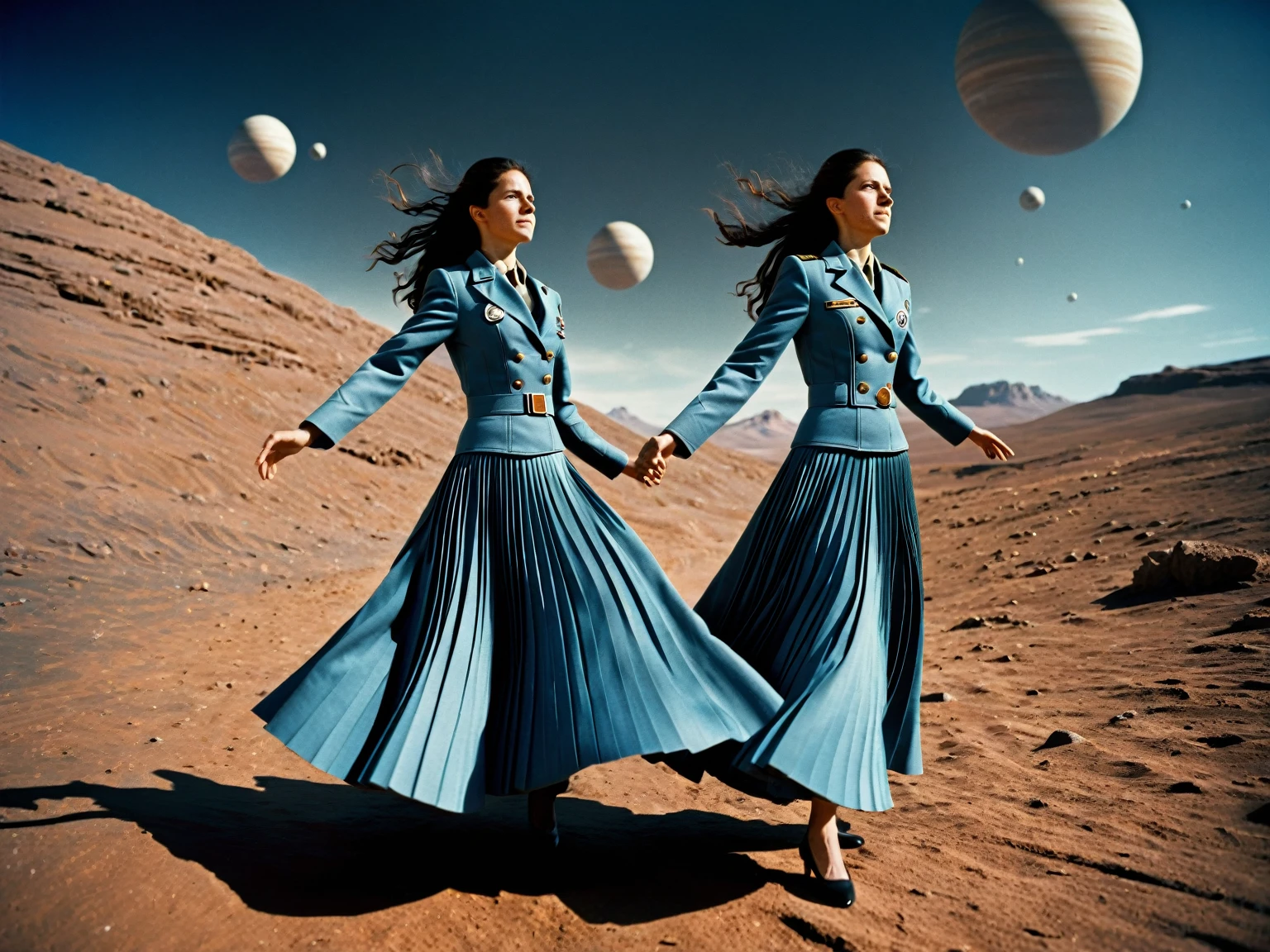 85mm photograph of Sapphic Space Lesbians, commanding spaceships, exploring space, investigating anomalies, doing scientific R&D, attending council meetings, conducting espionage, conducting archeological excavations, investigating astral rifts, wearing (long pleated full circle skirts), uniform jackets and (woman's low heel office shoes), (pronounced (girly) features), (very windy), skirts are flowing wildly in the wind, lesbian space stations, sci-fi, skirts in space, women wearing skirts, love skirts, empathy, compassion, romance and love, (pronounced (feminine) features), (highly detailed ultra accurate realistic) hands and fingers, (windy), epic composition, highly detailed attributes, (35mm f1.4 Kodak portra 400 photograph), extremely high quality RAW photograph, highly detailed atmosphere, sci-fi, cinematic shot, dynamic lighting, 75mm, Technicolor, Panavision, cinemascope, sharp focus, fine details, 8k, HDR, realism, realistic, key visual, film still, superb cinematic color grading, depth of field