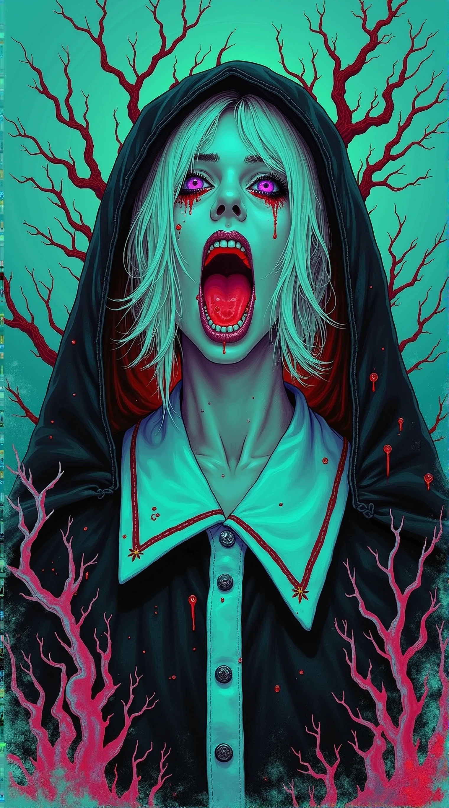 girl with a pretty face, white hair, purple eyes, (((sexy school uniform))), wearing a stylish very sexy school uniform, with a funny expression on her face, Hellwalker, incombing death, hell, black bloody veins growing and intertwining out of the darkness, oozing thick yellow blood, veins growing and pumping blood, (male body:1.6), 1 man, vascular networks growing, connecting, explanding, red veins everywhere, zdzislaw beksinski, (sharp colors:1.3), (rainbow skin:1.1), (Infrared:1.2), ultra detailed, intricate, oil on canvas, ((dry brush, ultra sharp)), (surrealism:1.4), (disturbing:1.5), beksinski style painting, satanic symbols, (full torso), full body in frame, centered body, (male:1.2), realistic, ((intricate details)), (pale gothic evil king), dynamic pose, perfect face, (realistic eyes), perfect eyes, ((dark gothic background)), sharp focus, A product shot from a bird's view with fish eye lens capturing a necromancy book with cover from white human flesh with a screaming decayed death face stretching itself out of the human leathery skin cover and glowing gems where the eyes should've been, in a magical environment, white leathery book, foreshortening, masterpiece, best quality, photograph, dreamlike, face focus, intricate details, sharp focus, photography, photorealism, photorealistic, soft focus, volumetric light, gelatinous, jelly, slime, eldritch, (dark magic), (grim), (intricate details), (hyperdetailed), 8k hdr, high detailed, lot of details, high quality, soft cinematic light, dramatic atmosphere, atmospheric perspective, face focus