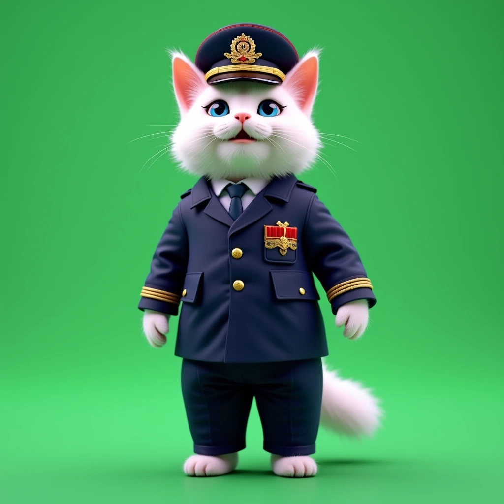 8 K (masterpiece), ((top quality)), (super detailed), White fluffy cat, like an ermine, with blue doll eyes,black eyelashes, smiling, Mouth open in a smile, slim,standing on its hind legs, dressed in a pilot's uniform,in a dark blue suit buttoned with four gold buttons in two rows, The jacket's square lapels extend into a stand-up collar, there are slit pockets on the sides, one-seam sleeves in exact, on the bottom there is a gold gallon in four rows near the wrist with four buttons, classic straight cut trousers with creases, the length reaches, front zip fastening, pilot's cap worn on the head, The top of the cap is made of blue fabric. Two rows of gold twisted cord run over the visor, blue trim, rigid frame, woven gold cord, The headdress is complemented by a welt and a cockade with the symbols of the Russian Federation aviation, Gold Shoes, on a pure green background, chroma key,