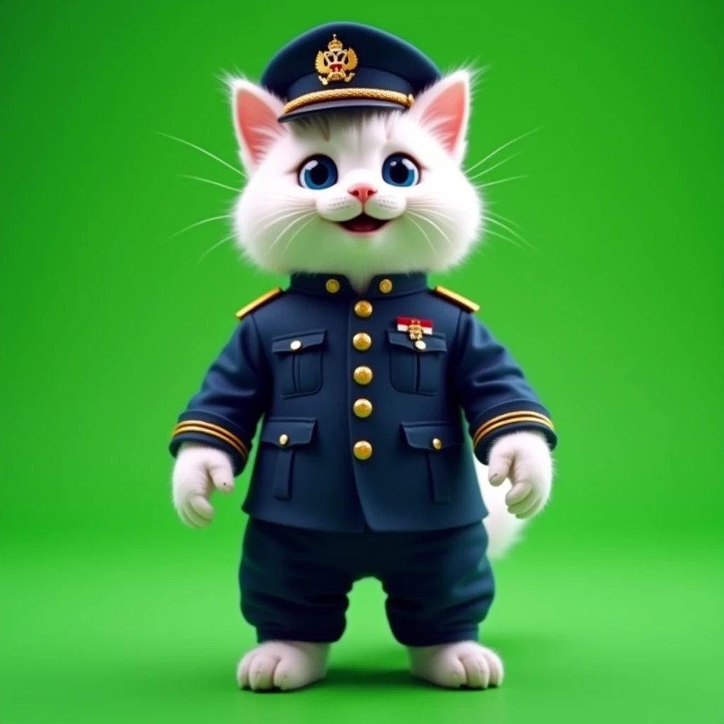 8 K (masterpiece), ((top quality)), (super detailed), White fluffy cat, like an ermine, with blue doll eyes,black eyelashes, smiling, Mouth open in a smile, slim,standing on its hind legs, dressed in a pilot's uniform,in a dark blue suit buttoned with four gold buttons in two rows, The jacket's square lapels extend into a stand-up collar, there are slit pockets on the sides, one-seam sleeves in exact, on the bottom there is a gold gallon in four rows near the wrist with four buttons, classic straight cut trousers with creases, the length reaches, front zip fastening, pilot's cap worn on the head, The top of the cap is made of blue fabric. Two rows of gold twisted cord run over the visor, blue trim, rigid frame, woven gold cord, The headdress is complemented by a welt and a cockade with the symbols of the Russian Federation aviation, Gold Shoes, on a pure green background, chroma key,