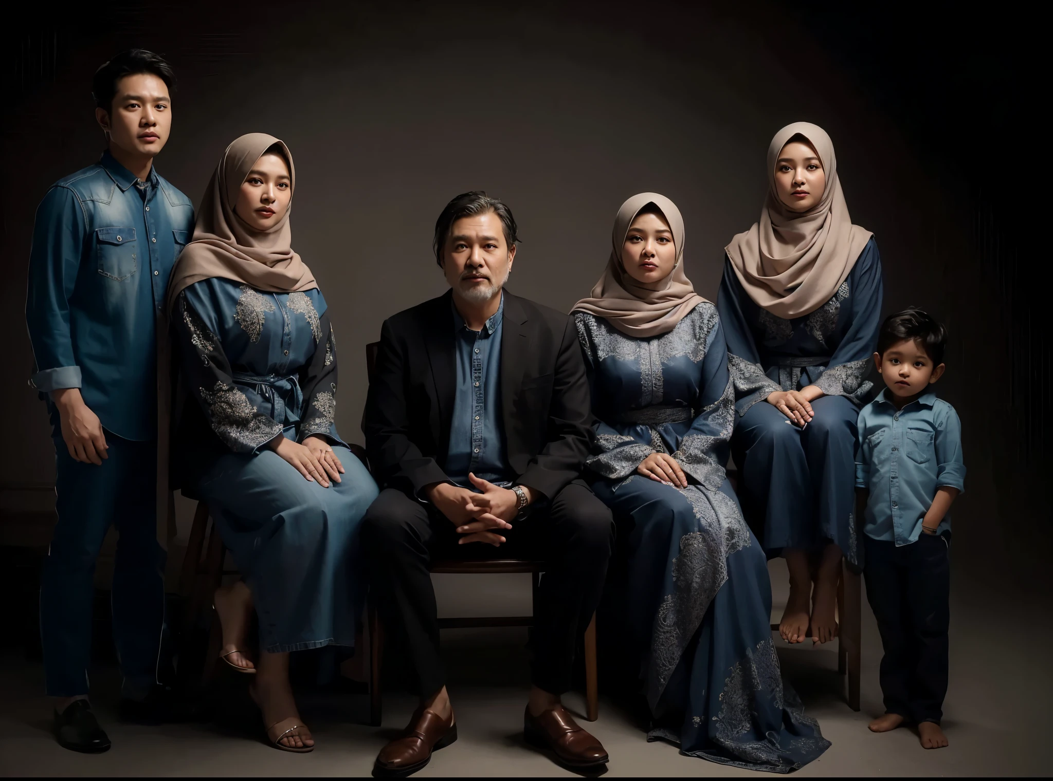 Studio photography, close up, Indonesian language, 6 members, slightly overweight 50-y-o father wearing a black suit, 50-y-o mother wearing a denim-colored kebaya with a hijab sitting on a couple's chair, two pairs of men and women standing beside them wearing long pashmina hijabs, wearing denim shirts for men and denim-colored kebaya dresses for women, studio photography, ellegant, fress colour and saturation, photography, good lighting, 8k , UHD.