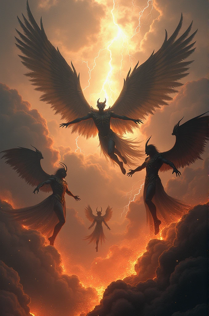 evil angels descending from the heavens to destroy humanity and demons with black wings blazing with black fire flying against these angels