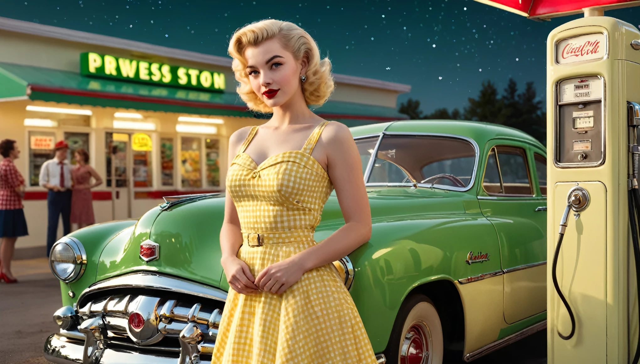 ultra-detailed, photorealistic, A beautiful young blonde woman with vintage 1950s style pinup stands confidently in front of a classic green car at a retro gas station. She wears a form-fitting, yellow gingham dress that accentuates her figure, complemented by red lipstick and elegant, curled blonde hair. The gas station has a nostalgic feel, with green and cream accents and a classic gas pump. The night sky above is clear, adding a serene ambiance to the scene. The overall mood is nostalgic and glamorous, capturing the essence of mid-20th-century Americana. perfect face, Ultra realistic photo, vibrant colors, 16k