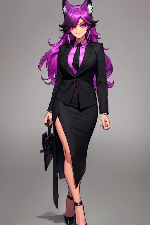 female, black long hair with magenta trim, silver eyes, wolf ears, wolf tail, (((1girl))), (((black business suit))), (magenta dress shirt), (black necktie), cute and sexy, full body, large breasts, long legs, smiling