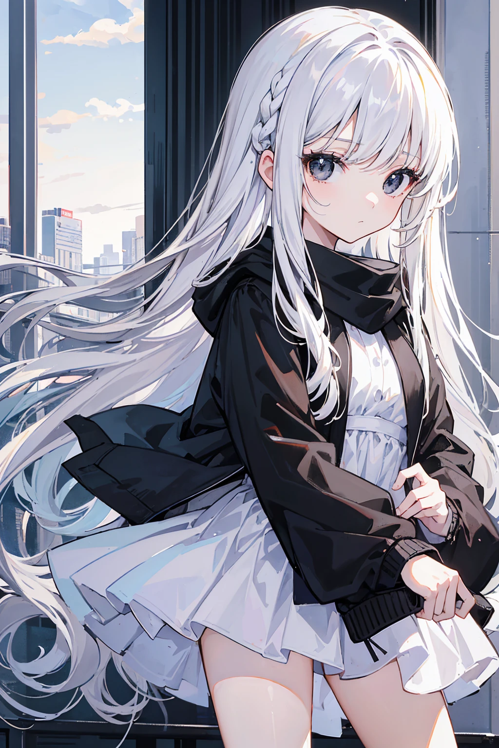 close-up, masterpiece, best quality, high details, (((a girl))), ((white long hair:1.2)), (black eyes:1.3), closed mouth, expressionless, Anime girl wearing Black jacket, white dress, Standing on the balcony