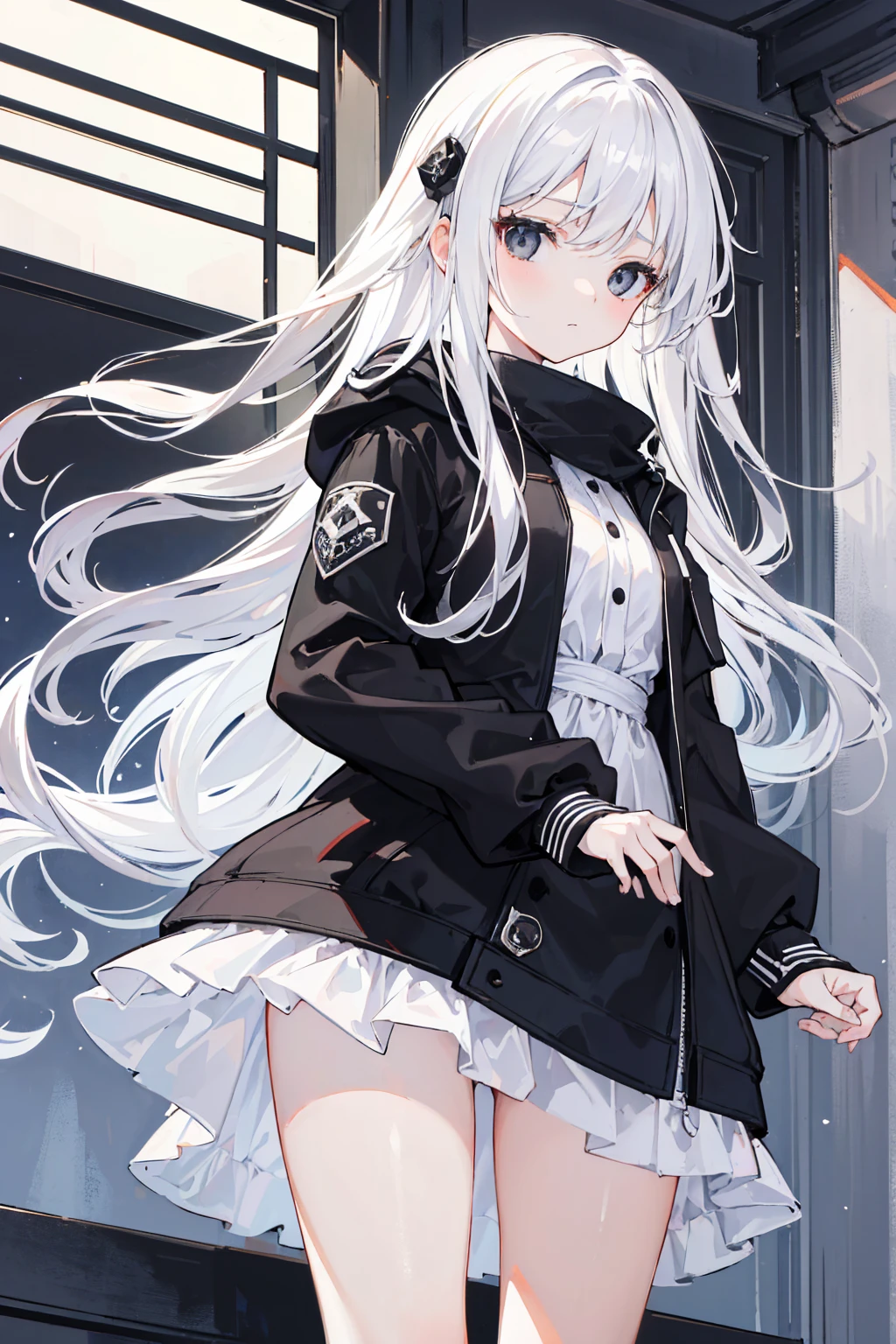 close-up, masterpiece, best quality, high details, (((a girl))), ((white long hair:1.2)), (black eyes:1.3), closed mouth, expressionless, Anime girl wearing Black jacket, white dress, Standing on the balcony