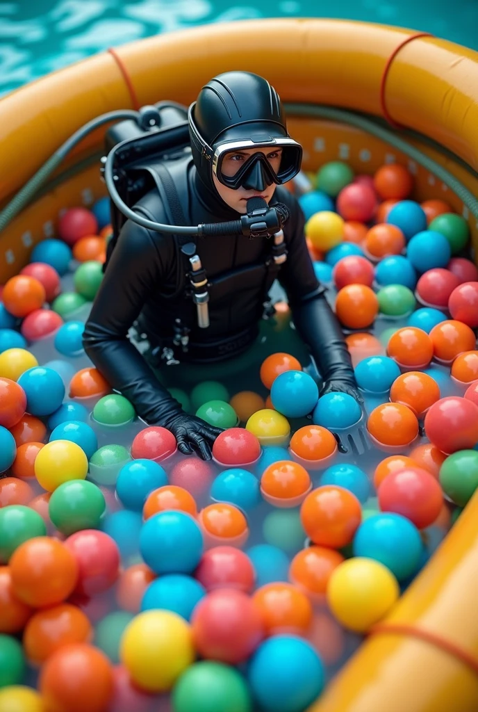 A person in scuba gear** trying to swim in a kiddie pool filled with plastic balls.