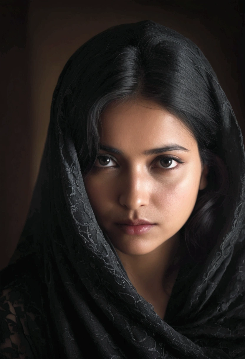 In a shadowy room,(( a woman’s partially visible face emerges from the darkness.)) The focus is on her eyes and skin, with intricate detailing that highlights every texture. The image has a grainy, almost film-like quality, enhancing the eerie and suspenseful mood. Light and shadow interplay to create a striking contrast, leaving much of her surroundings obscured, saloni 