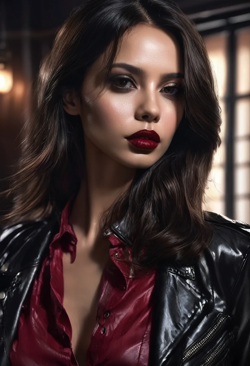 1 woman, inside a dark and gloomy house, wearing a blouse with a black leather jacket over it, detailed facial features, feminine brown eyes, detailed black skin, long brown hair, red lipstick, dramatic lighting, cinematic composition, dark palette, dark colors, atmospheric haze, thin chin, serious face, beautiful woman, adult woman, ultra realistic, profile picture, gorgeous, surreal beauty, 25 years old, (best quality, 4K, 8K, high resolution, art: 1.2), ultra detailed (realistic, photorealistic, photorealistic: 1.37)