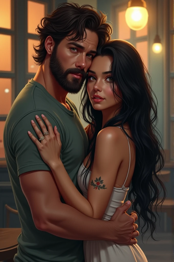 Couple car man beard blue eyes black hair woman long black hair hazel eyes matte skin tattoo hug scene in front of a cafe paint