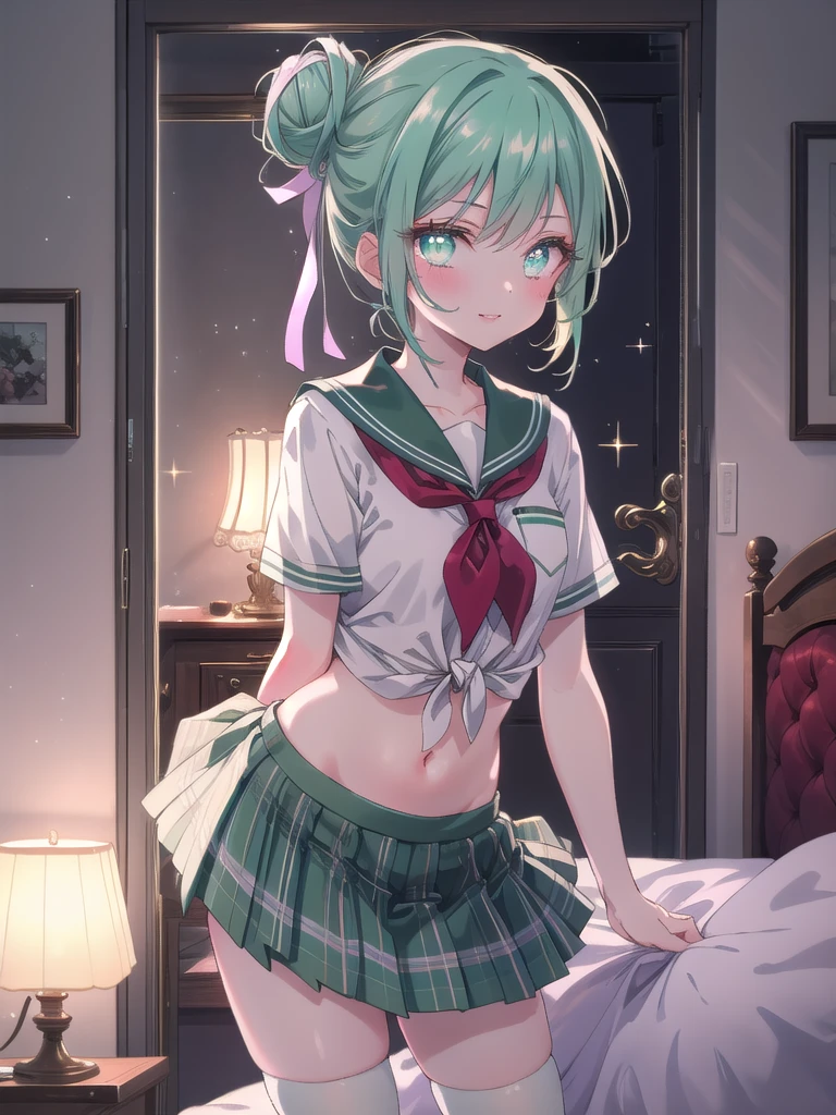 ((8k, Highest quality, masterpiece: 1.3)),Ultra-high resolution,(1 girl, alone), (Color changing eyes, Ultra-detailed, Expressive brilliance, Glitter, Glowing Eyes), Highly detailed eyes, Highly detailed face, Random Hair, ((pastel colour)),A sultry young woman with pastel mint-green hair styled into a messy bun, leaning against the doorframe of her bedroom during the late evening. She is dressed in a sexy schoolgirl cosplay, wearing a short plaid skirt, a white blouse tied above her midriff, and knee-high socks. The camera captures her from a slightly low angle as she gazes at the camera with a smoldering look, her lips slightly curved into a sly smile. The room is dimly lit, with a soft glow from the bedside lamp, and the atmosphere is charged with tension and allure, with her bed visible in the background.