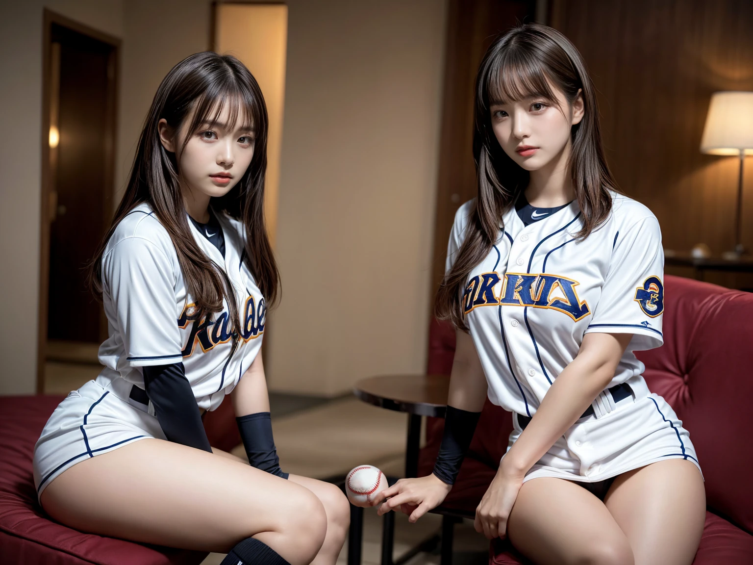 masterpiece, best quality, illustration, Super detailed, fine details, High resolution, 8K,wall paper, perfect dynamic composition,(Details High quality, realistic depiction of eyes:1.3), (2 girls), ((Baseball Uniforms), a miniskirt, Toned buttocks), sitting, open legs, short bob hair, in a hotel room in the background, deep on field, large breasts, black hair color, Big Natural Color Lip, (perfect body shape), crying a little、Harajuku style、20 year old girl、cute type、beautiful legs, Gravure Idol