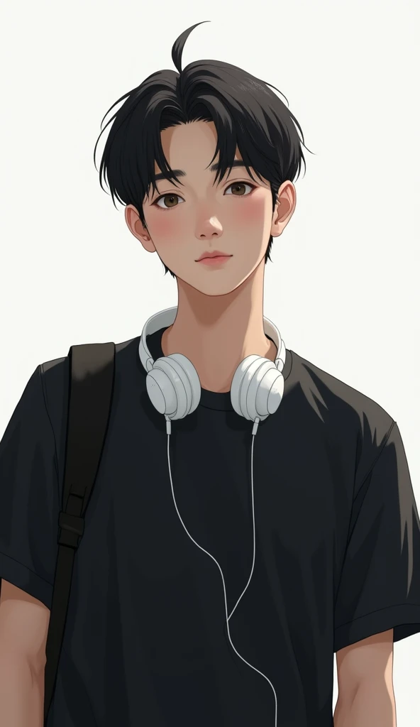 On a white background、A young man wearing a plain black unisex T-shirt、Beautiful Face、Japanese、22 years old、Black Hair、Bobcut、White headphones、SONY、Black Backpack、Upper Body。