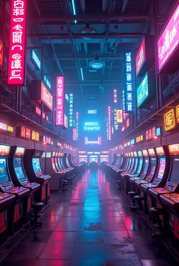 Create a large arcade with neon decor