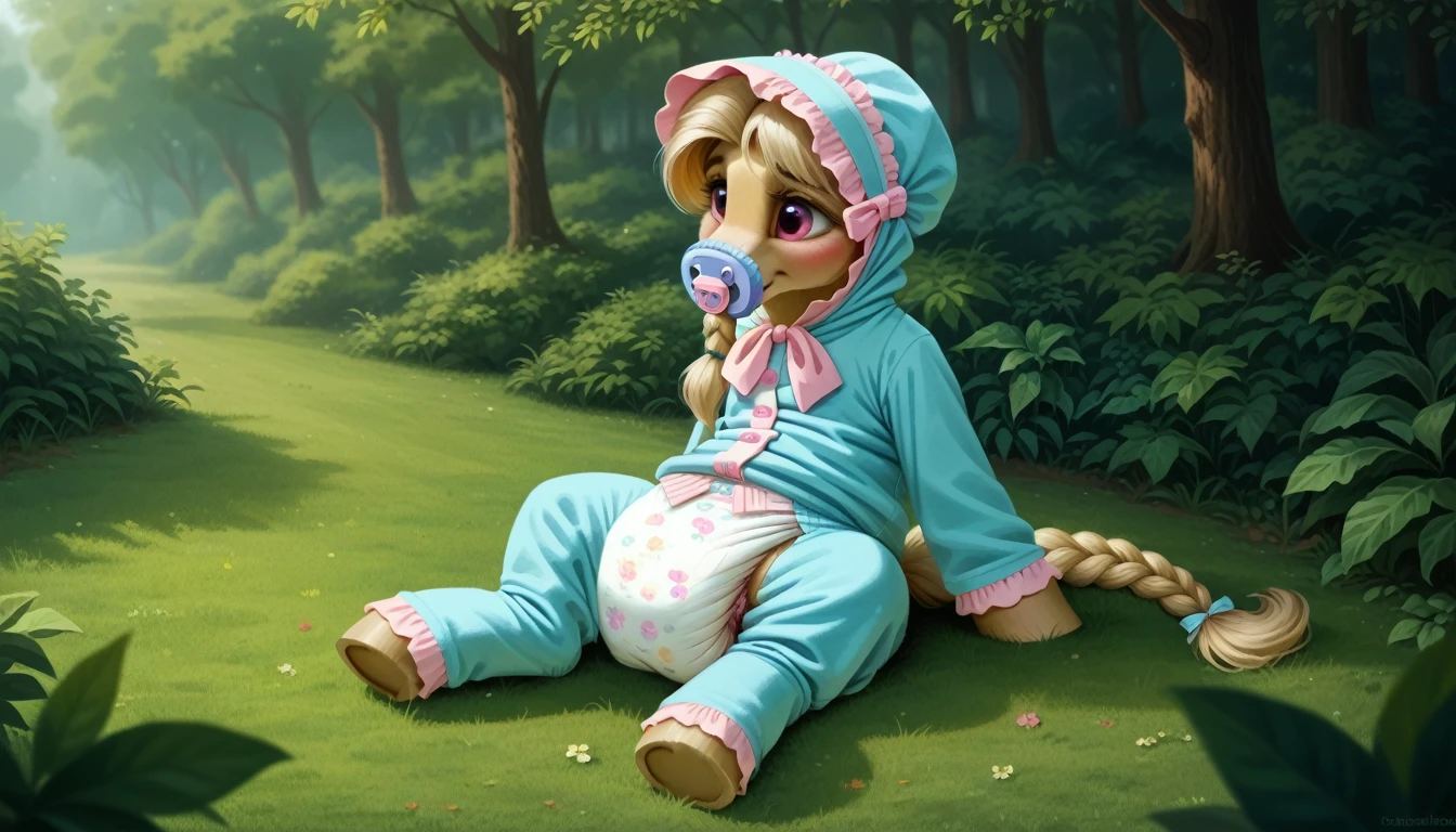 pony, beige earth pony, no horn, no wings, adult mare, lush mane braided into a braid, lush tail, sitting outside, dressed in an onesie, bonnet and booties, pacifier in mouth, solo, thick diaper under clothes, bulge on the back of the diaper, between the hind hooves and on the front of the diaper, sagging diaper, pink blush on cheeks, embarrassment, awkwardness.