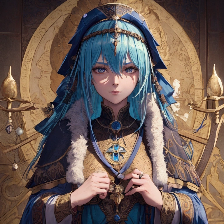 (((masterpiece, Best quality, high detail, 8 K))) Develop a layout of a game character's showcase, (masterpiece, Best quality) detailed, ((masterpiece)),(((Best quality))), character design, The main character in the Scandinavian Nordic theme. shaman, woman. interesting weapon, next to the character is a guardian spirit, shaman, unusual staff, dynamic pose, Details of the image. Interesting, full length, персонаж shaman, the spirit is near