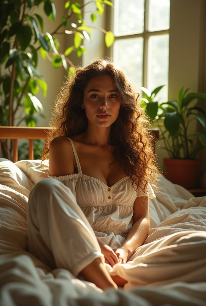 (photorealism:1.2), beautiful woman, sitting on bed, wearing loose off-shoulder top, pajama pants, long curly hair, indoors, soft lighting, plants in background, window with sunlight, cozy room, relaxed pose, realistic, intricate details, warm colors, by Greg Rutkowski, by Alphonse Mucha