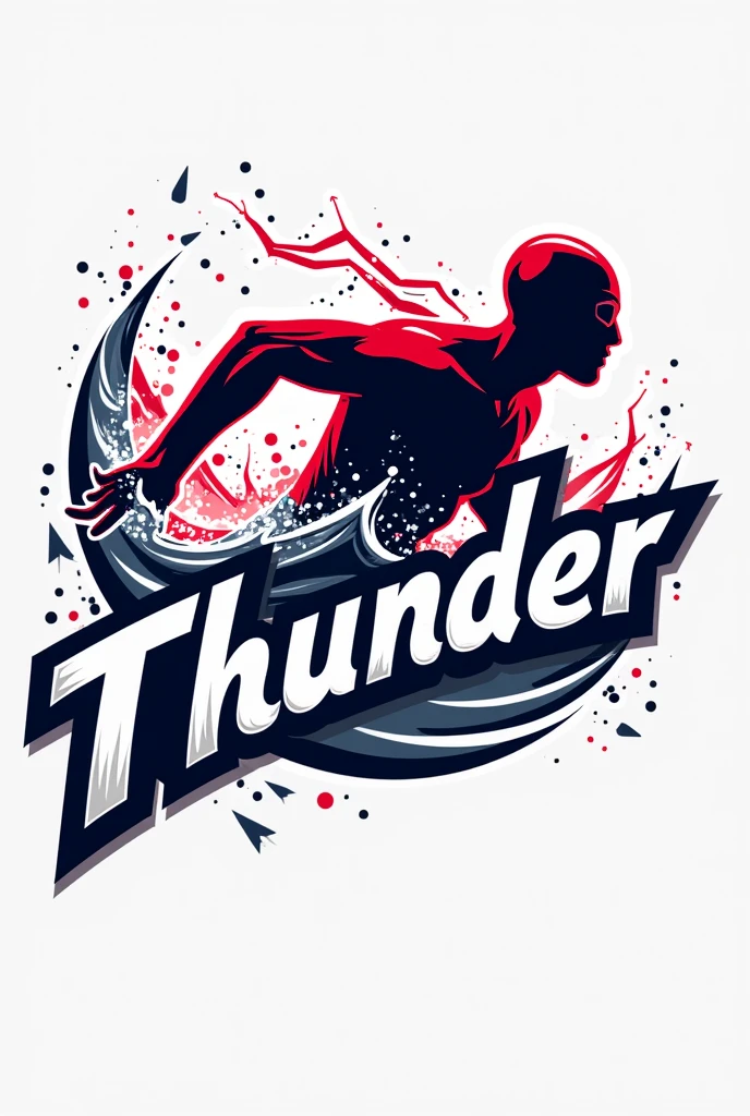 Generate a sleek and electrifying logo for 'Thunder' swimming club. The swimmer’s form should leave a trail of lightning behind as they swim, blending seamlessly into the text 'Thunder.' Use red and white with a hint of chrome for accents, adding subtle water droplets to the lightning for extra depth