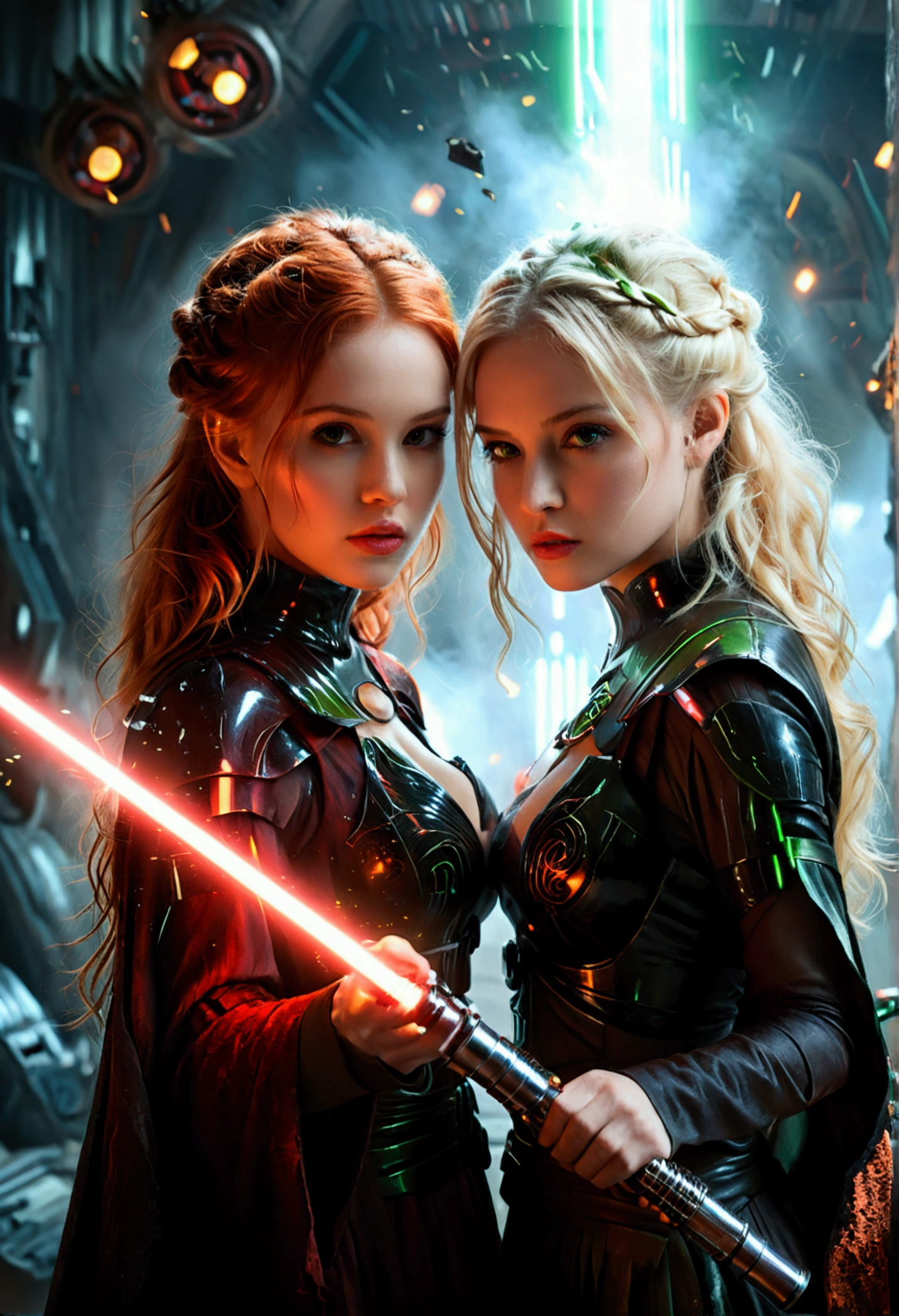 (full body shot:1) photorealistic image of two (standing pose:1) women, ultrarealistic, photography, one with long red hair, (woman, 24 years old, hourglass figure, perfect body, seductive look, natural medium breasts, blur background, in complete darkness, she is wearing a sith robe, she is holding a red lightsaber), the lightsaber is the only lightsource, on a dark destroyed spacestation, explosion in the background, long sexy legs, the other girl has platinum blonde long hair, (30 years old, curvy figure, she is wearing a jedi robe, green lightsaber, natural big breasts), side view, the two girls are crossing their lightsabers in a battle, sparks are flying, dynamic shot, action shot