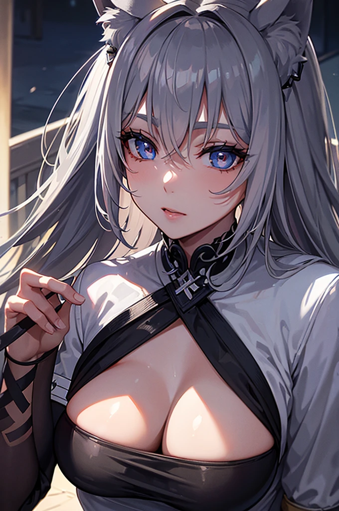 masterpiece:1.2, 1 woman, 20 years, greek style. dark, silver hair, wolf girl, school uniforrm, moonlight, artemis, wolf ears, cute, Cinematic goddess close-up, cinematic lighting, (Best lighting) huge breasts, black hair, shadows, massive breatsss, SFW, covered, blue eyes, close up
