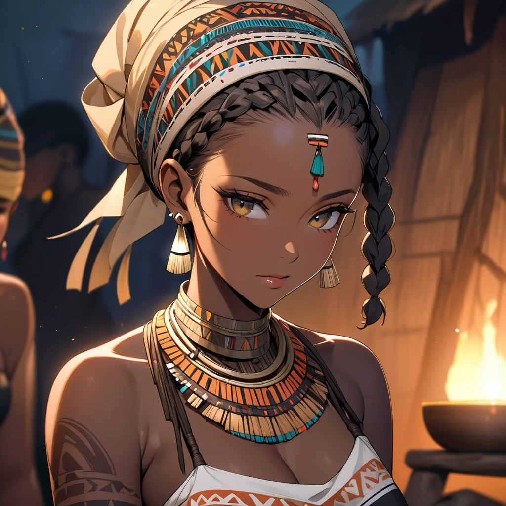 ((Highest quality)), ((masterpiece)), (detailed), （Perfect Face）、The woman has bright black skin、（Ghana braids with strong curly hair slicked back）、Black, dark skinned, African native tribal woman、The amount of hair is small、Light brown hair、Very short curly hair、Ghana braid hair, finely and delicately braided into Ghana braids and slicked back、Her hair is braided and thin, and she wears a tribal headdress and a tribal headscarf.、African black woman beautifully dressed in tribal clothing, tribal earrings and tribal accessories, wearing tribal makeup、A beautiful tribal woman with tattoos all over her body、Women in tribal village night rituals、The woman&#39;s hair is dyed black by the other women in the village and styled like an African woman&#39;s.、The woman is embracing and kissing a man from the tribe.
