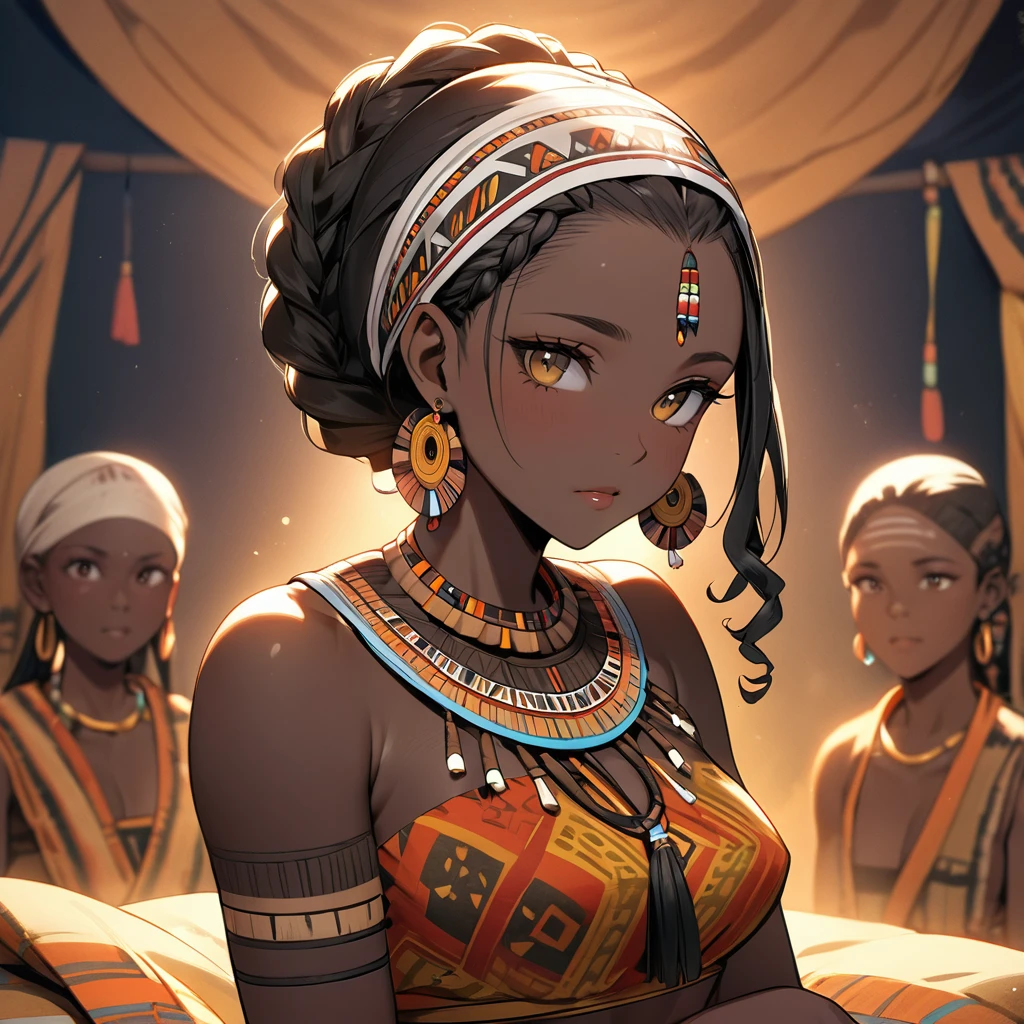 ((Highest quality)), ((masterpiece)), (detailed), (Perfect Face)、The woman has bright black skin、(Ghana braids with strong curly hair slicked back)、Black, dark skinned, African native tribal woman、The amount of hair is small、Light brown hair、Very short curly hair、Ghana braid hair, finely and delicately braided into Ghana braids and slicked back、Her hair is braided and thin, and she wears a tribal headdress and a tribal headscarf.、African black woman beautifully dressed in tribal clothing, tribal earrings and tribal accessories, wearing tribal makeup、A beautiful tribal woman with tattoos all over her body、Women in tribal village night rituals、The woman's hair is dyed black by the other women in the village and styled like an African woman's.、The woman is embracing and kissing a man from the tribe.