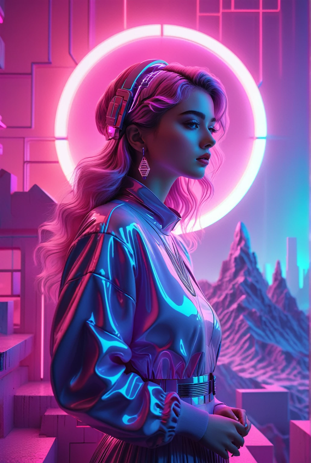 A beautiful detailed girl in a dreamlike vaporwave landscape, colorful neon lights, glowing futuristic elements, intricate geometric patterns, cinematic lighting, pastel colors, ethereal atmosphere, surreal and psychedelic, 8k, best quality, masterpiece, ultra-detailed, photorealistic