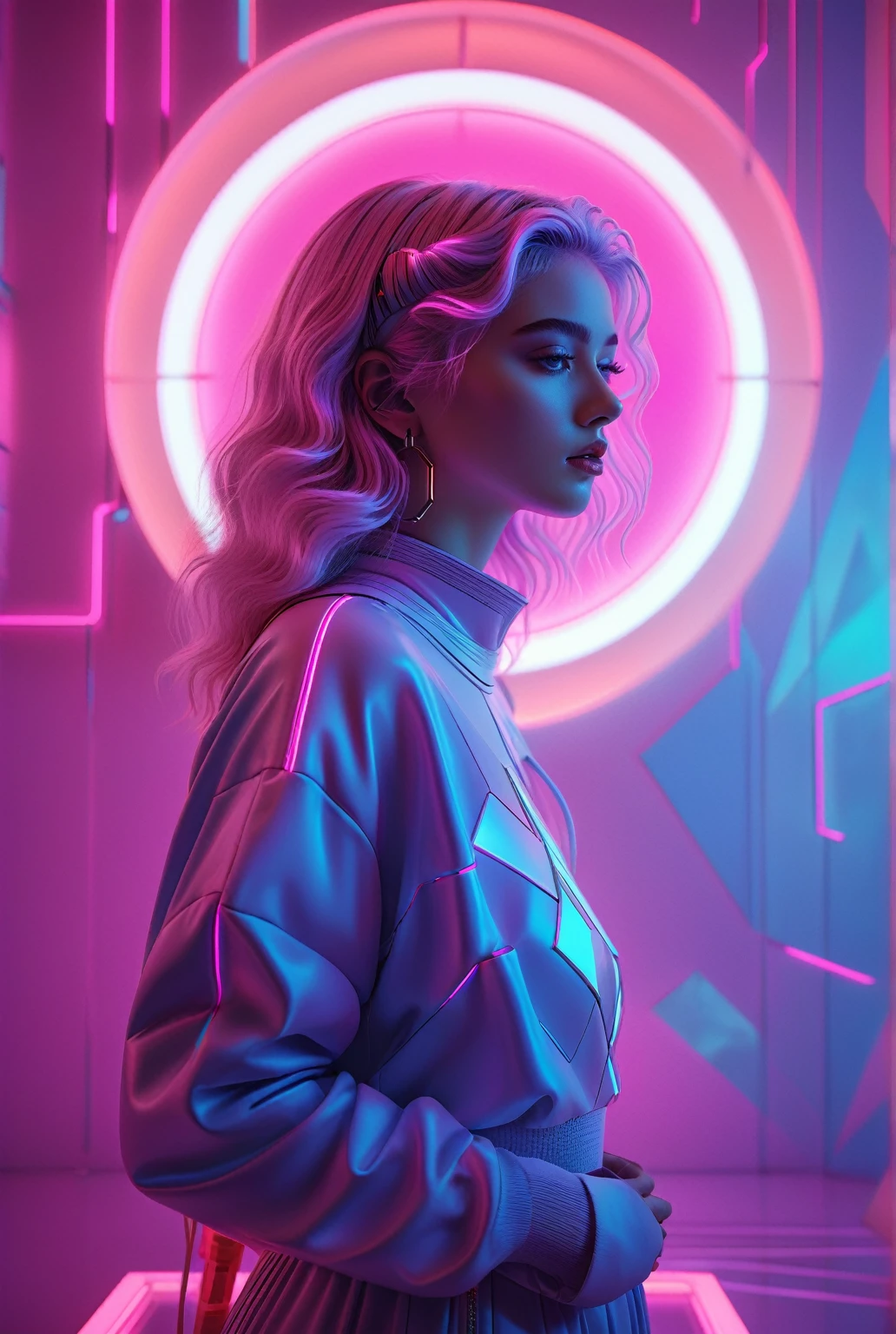 A beautiful detailed girl in a dreamlike vaporwave landscape, colorful neon lights, glowing futuristic elements, intricate geometric patterns, cinematic lighting, pastel colors, ethereal atmosphere, surreal and psychedelic, 8k, best quality, masterpiece, ultra-detailed, photorealistic