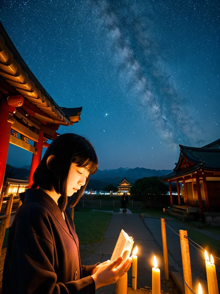 Black-haired Japanese woman praying at a shrine, starry sky