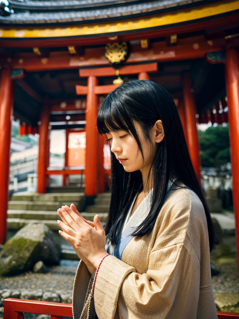 Black-haired Japanese woman praying at a shrine, starry sky