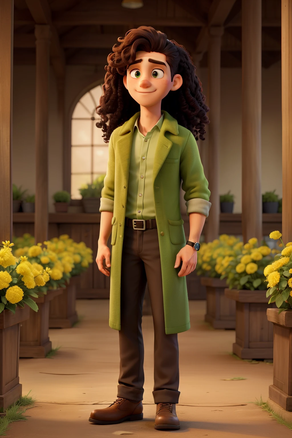 A handsome young man with long curly hair standing full-length in a beautiful green floral setting on a farm..