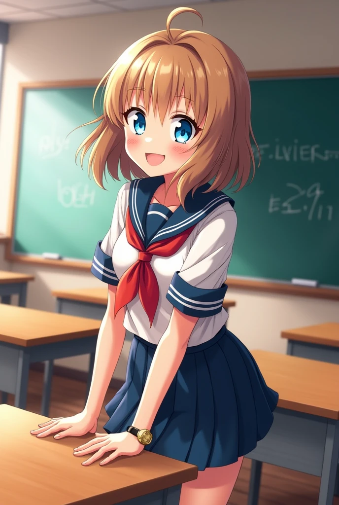 My hero Academia screencap of a female characters with light brown hair and blue eyes with star pupils. She has smiling expression. Scenery is classroom. She is wearing UA uniform