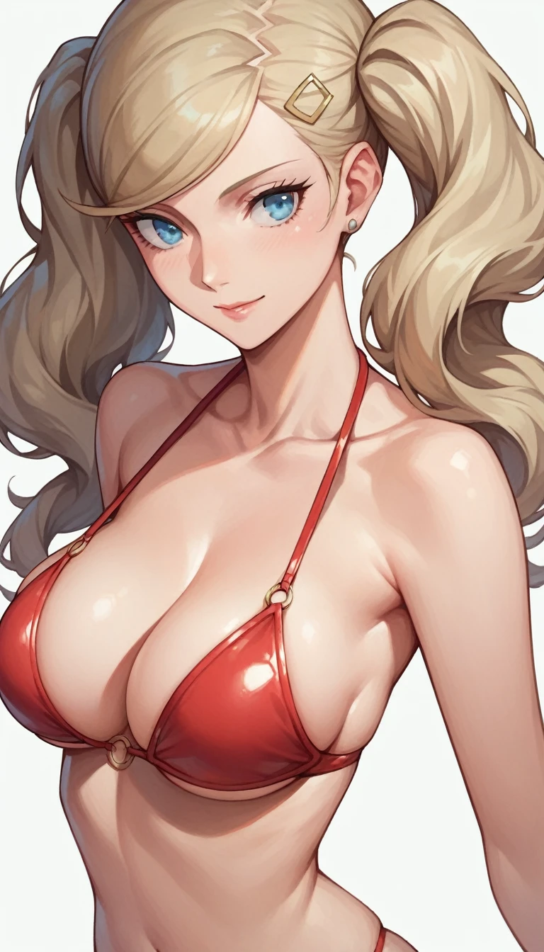 one anime girl, Ann Takamaki, blonde hair, long hair, twintails, swept bangs, blue eyes, big breast, in bikini, sexy pose,white background