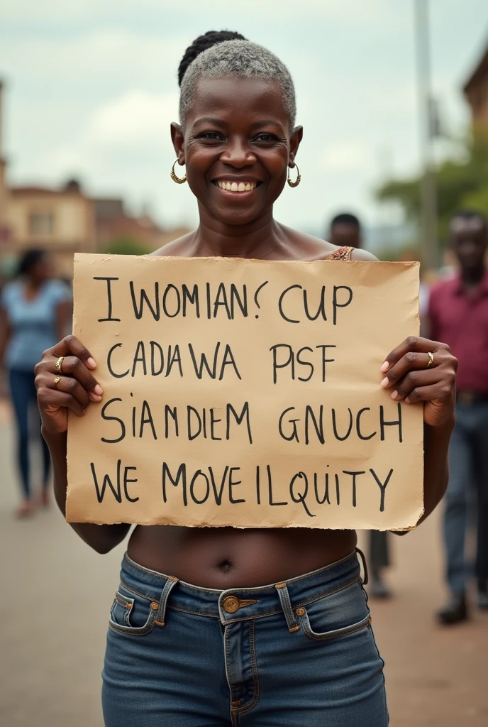 Funny picture of an African lady holding a board written we’re not equal to men. Forgive us 