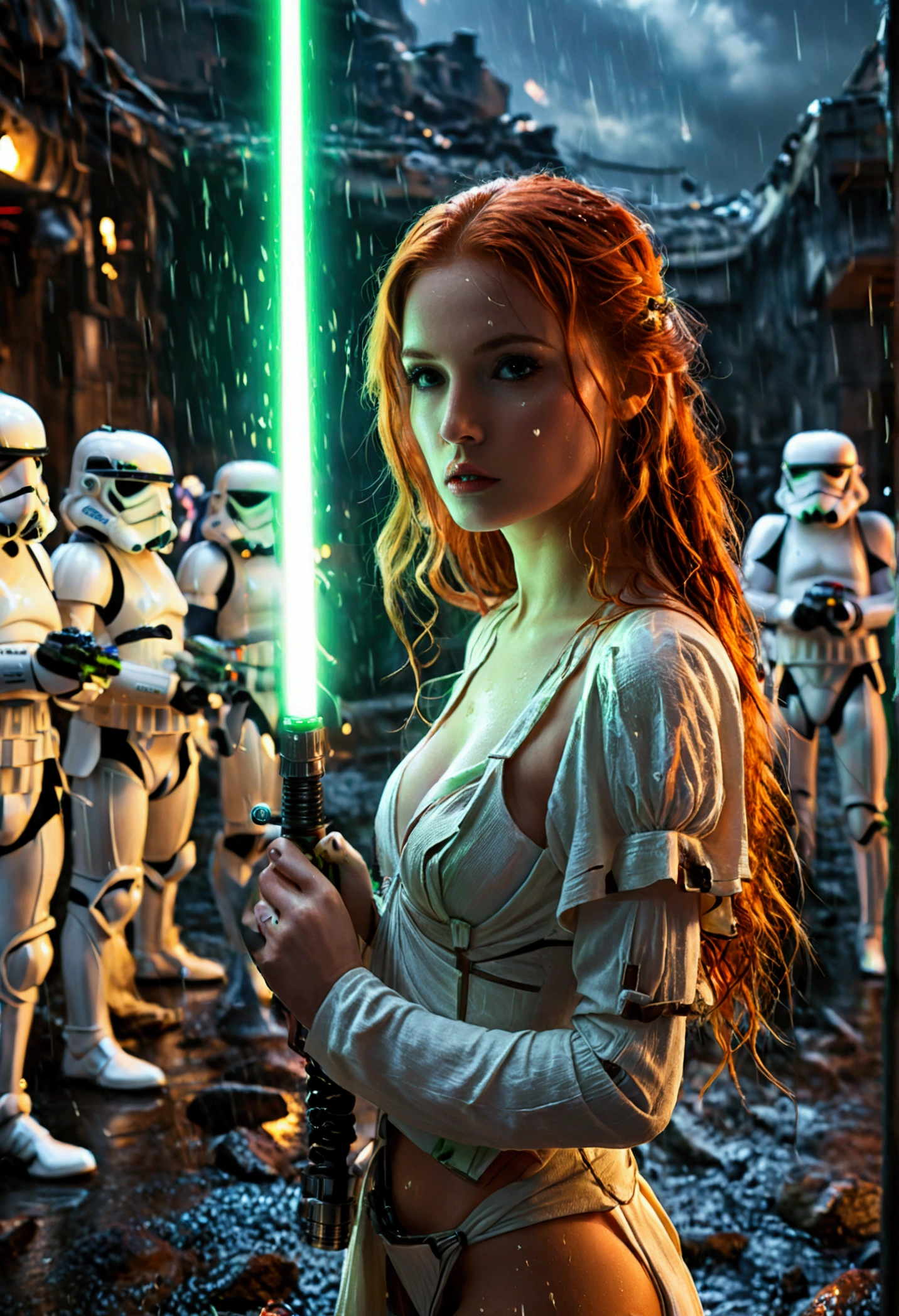 (full body shot:1) photorealistic image of a (standing pose:1) woman, ultrarealistic, photography, long red hair, woman, 24 years old, hourglass figure, perfect body, seductive look, natural medium breasts, blur background, in complete darkness, she is wearing a light jedi robe, she is holding a green lightsaber, the lightsaber is the only lightsource, on a dark destroyed space colony outside, it is raining, there is lightning in the background, there are destroyed buildings in the background, she is facing an army of stormtroopers, she looks into the camera, long sexy legs, wet hair
