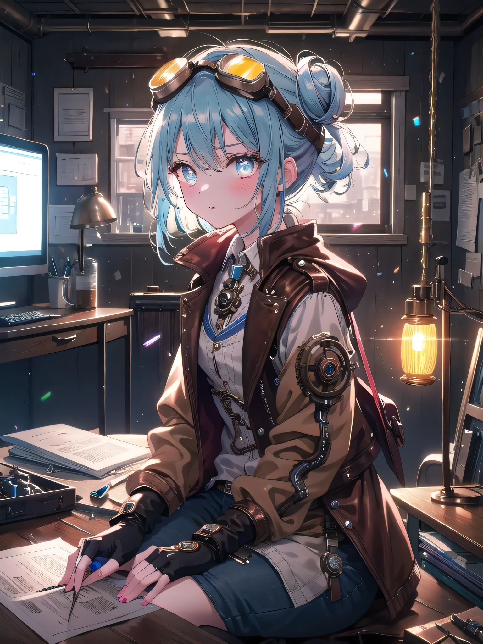 ((8k, Highest quality, masterpiece: 1.3)),Ultra-high resolution,(1 girl, alone), (Color changing eyes, Ultra-detailed, Expressive brilliance, Glitter, Glowing Eyes), Highly detailed eyes, Highly detailed face, Random Hair, ((pastel colour)),A focused young woman with pastel blue hair styled into a messy bun, sitting at her desk in her room as she works on crafting a detailed cosplay prop. It’s late at night, and the only light in the room comes from a desk lamp and the glow of her computer screen. She is dressed in a steampunk engineer cosplay, wearing a brown leather vest over a white blouse, goggles on her head, and fingerless gloves. The camera captures her from a close-up angle as she carefully glues small gears onto a mechanical arm piece, her expression serious and absorbed. Her room is filled with various crafting tools, blueprints pinned to a corkboard, and a few steampunk-inspired decorations, creating an atmosphere of creativity and innovation.
