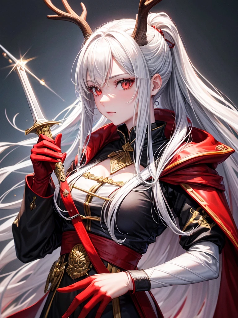 A beautiful female swordsman,white skin,Red eyes,Long black hair tied up,She wears a black English-style coat,She wears a black coat on the outside,She has a sword scabbard on her back,เสื้อโค้ทมีสัญลักษณ์รูปRed Deer,Right hand holds a deer mask,Red Deer,Aura,Red Deer,Red patterned coat,Deer head symbol on the coat,