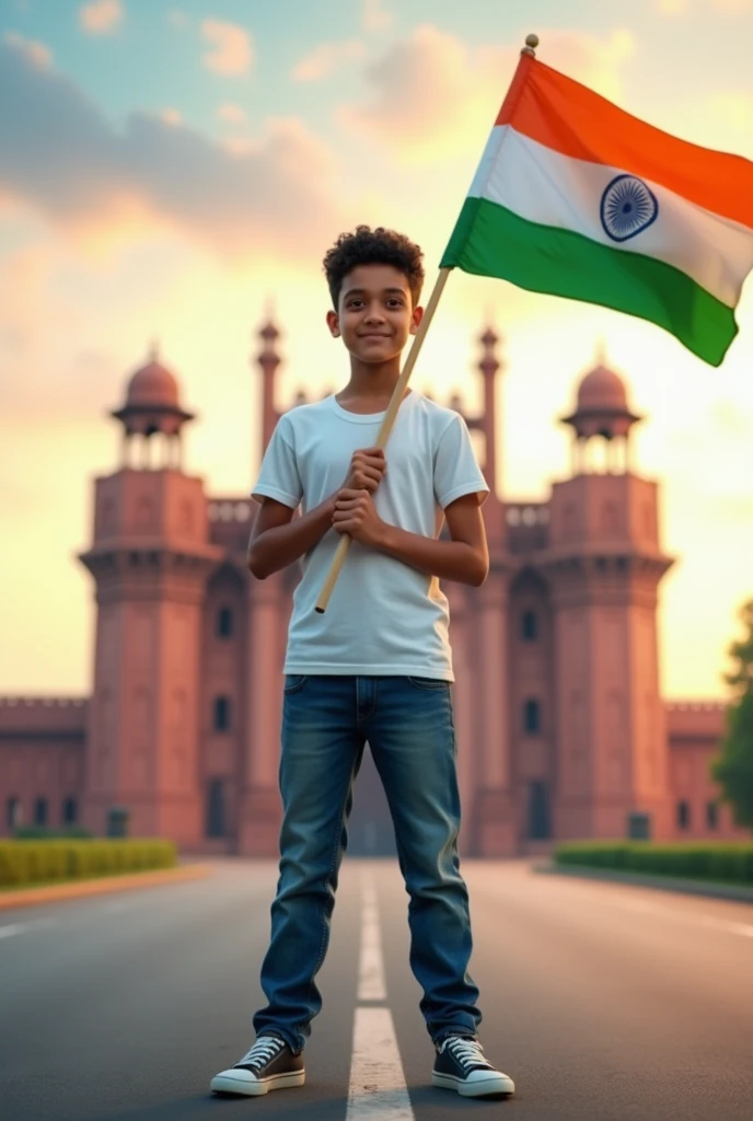 Generate a Realistic 16 years old boy, Wearing White T shirt blue jeans sneakers and the name "Akshay " is written on his t-shirt and the boy is standing on the road with holding a national flag of India, and behind him is the Red Fort Delhi. And written on sky "Independence Day" Create Realistic Written on sky "Independent Day " Create Realistic image high quality