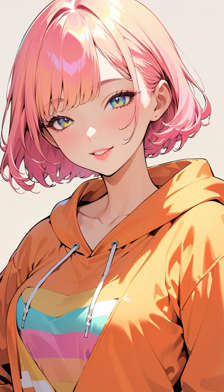 (Highest quality:1.2, City Pop Style, Very detailed, Latest, Vibrant, High Contrast, masterpiece:1.2,Best aesthetics), girl, ((Face Up Shot:1.4)), Colorful Hair, Bobcut, Wearing a hoodie, Lips pink, lip, smile, Half Eye, pastel colour, 1980s style, ((Retro, Vintage, Plain background))
