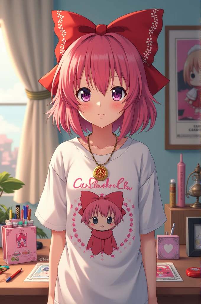 Une jeune fille, passionnée par *Sakura Cardcaptor*, porte un t-shirt à l'effigie de Sakura et un collier avec le sceau de Clow. Sa chambre est ornée de posters et de figurines de Sakura et Kerobero. Sur son bureau, une trousse avec Tomoyo renferme des stylos et carnets thématiques. Chaque objet autour d'elle reflète son amour pour cet univers magique et enchanteur.