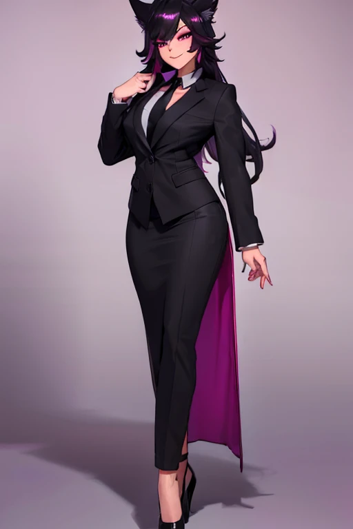 female, black long hair with magenta trim, silver eyes, wolf ears, wolf tail, (((1girl))), (((black business suit))), (magenta dress shirt), (black necktie), cute and sexy, full body, large breasts, long legs, smiling