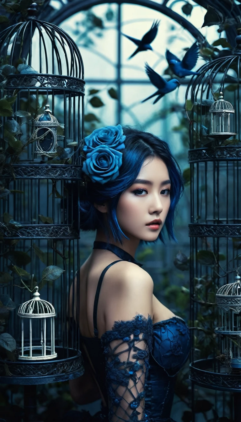 Image of forests of clocks interspersed with forests of thorns, dark, gloomy, mysterious but full of magic, shimmeringly beautiful, in the distance there is a giant birdcage surrounded by climbing black roses, a blue hair beautiful girl dynamic pose inside the bird cage, cinematic color, 16K, UHD, K-Pop Style