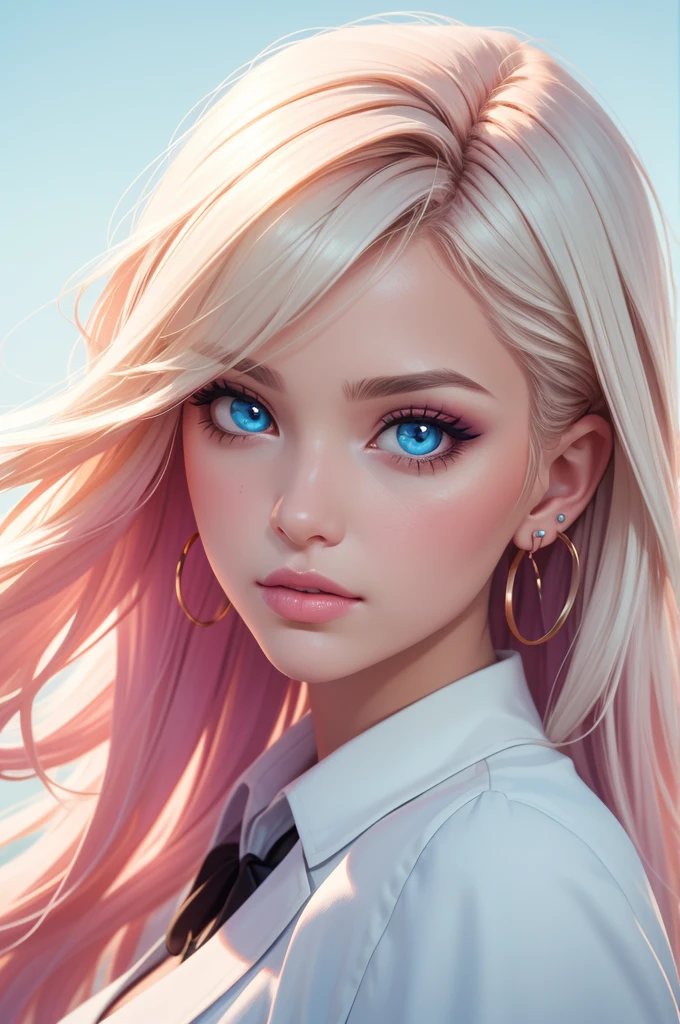masterpiece, best quality, close-up, portrait, 3D,1girl, solo, perfect face, long hair, academy blue school uniform , long light blonde hair dyed with tint of pink color and with cute fluffy bangs well styled, hair dyed with pink color, detailed light blue eyes highlight light reflecting in her eyes, looking straight to the viewer, realistic, upper body, white background, colorful lighting, lips, edgy makeup, black shade of makeup on eyelids, ear piercing, fair skin, perfect hourglass body, she has sharp jawline, photo card, The artwork should have the best quality, with ultra-detailed and realistic features. The color palette should be vivid, and the lighting should emphasize the character's facial structure and expression.