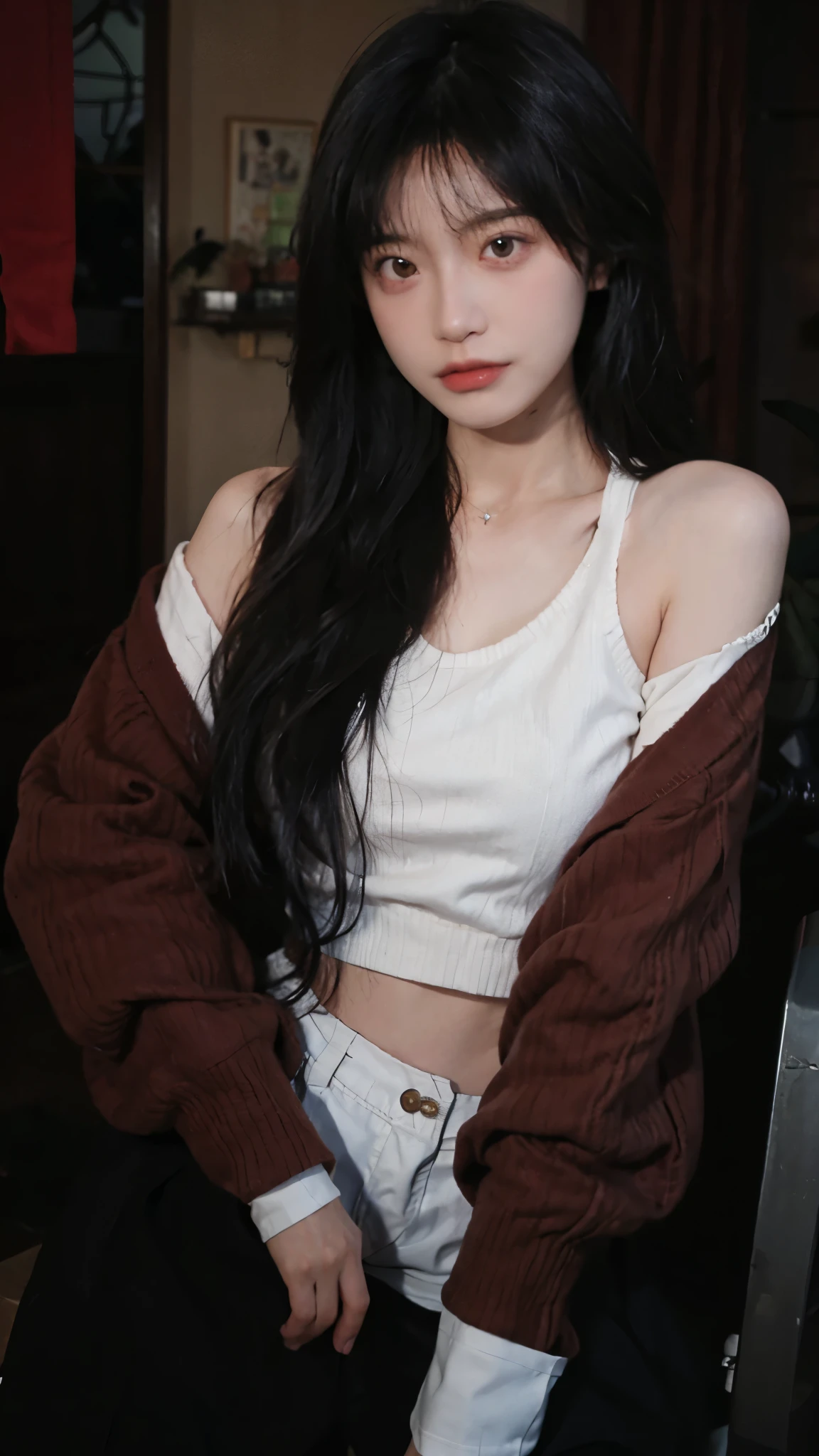 best qualtiy， Ultra-high resolution， （realisticlying：1.4），Baoyu Girl，1girll, Long straight hair，Looking into the distance，Cropped red sweater，a sense of atmosphere，Beautiful woman with a slim figure:1.4, abs:1.1,,Ultra-fine face，Elaborate Eyes，double eyelid，choker necklace