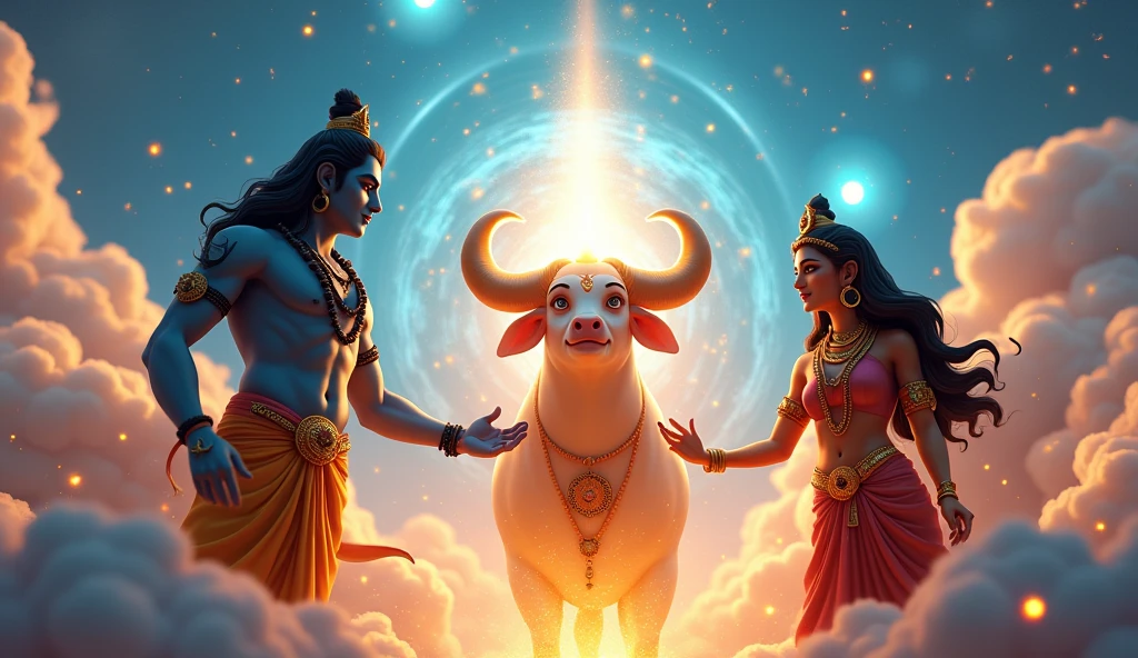 In cinematic cartoon style 3D " Lord Shiva and Goddess Parvati's Blessing: Illustrate Lord Shiva and Goddess Parvati bestowing blessings upon Nandi. Shiva places a lotus garland around Nandi’s neck, who is shown transforming with three eyes and ten arms. "